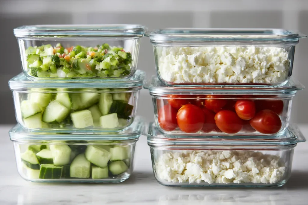 Make This 3 Ingredient Mediterranean Salad Tonight 22 Meal prep containers filled with Mediterranean salad ingredients