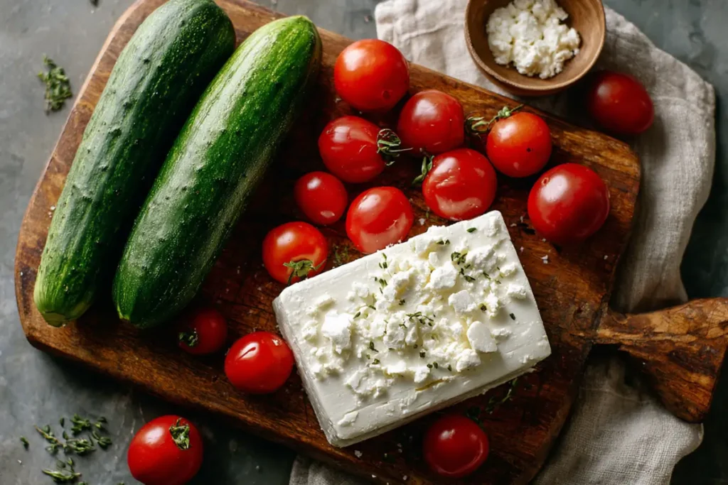 Make This 3 Ingredient Mediterranean Salad Tonight 15 Flat lay of cucumbers, tomatoes, and feta for Mediterranean salad