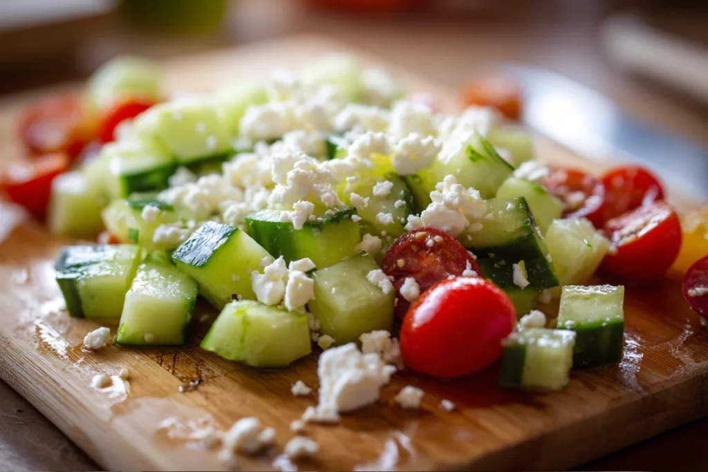 Make This 3 Ingredient Mediterranean Salad Tonight 16 Chopped Mediterranean salad ingredients on cutting board