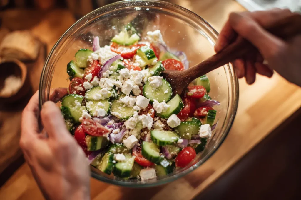 Make This 3 Ingredient Mediterranean Salad Tonight 17 Tossing a 3 ingredient Mediterranean salad in glass bowl