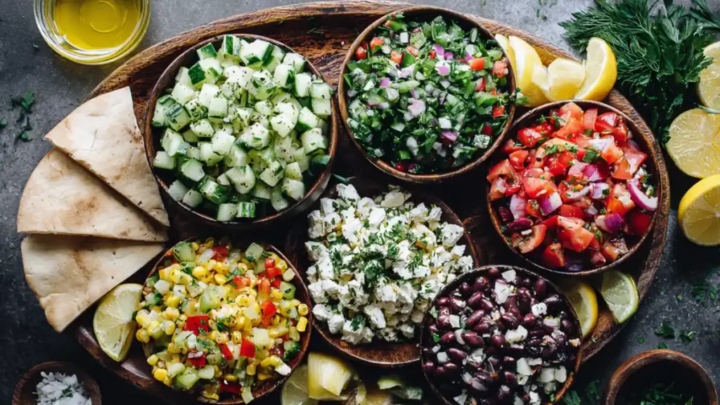 Colorful Mediterranean salad with cucumber, tomato, feta, and olives