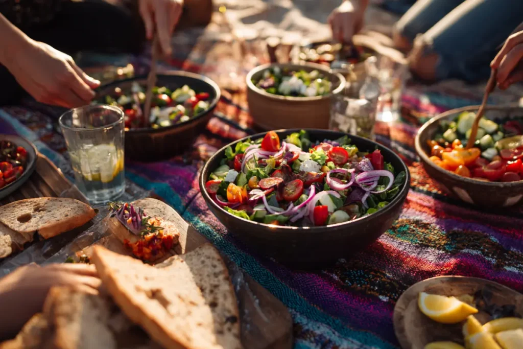 Fresh Mediterranean Salads: 5 Easy & Delicious Recipes 10 Outdoor picnic with Mediterranean salads and pita bread