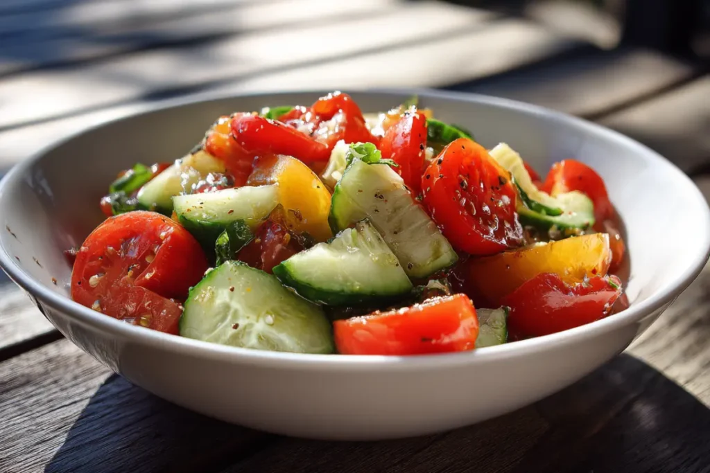 Fresh Mediterranean Salads: 5 Easy & Delicious Recipes 4 Mediterranean cucumber tomato salad in natural sunlight