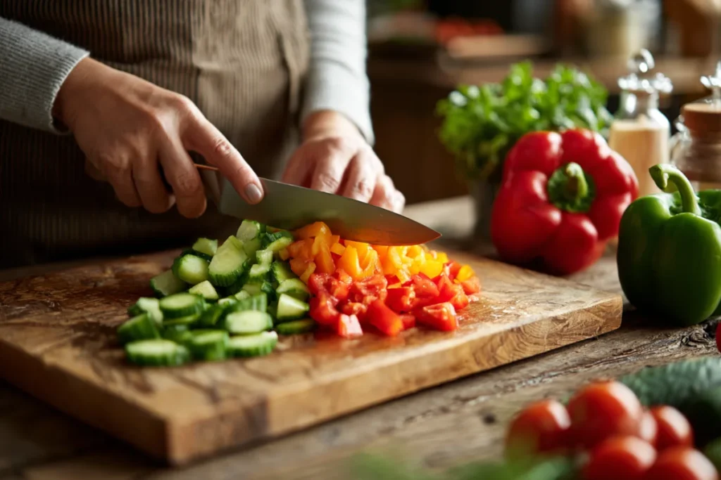 Fresh Mediterranean Salads: 5 Easy & Delicious Recipes 5 Hands chopping vegetables for Mediterranean chopped salad