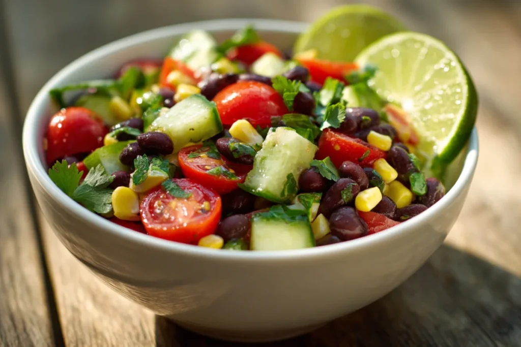 Fresh Mediterranean Salads: 5 Easy & Delicious Recipes 7 Mediterranean black bean and corn salad with fresh vegetables