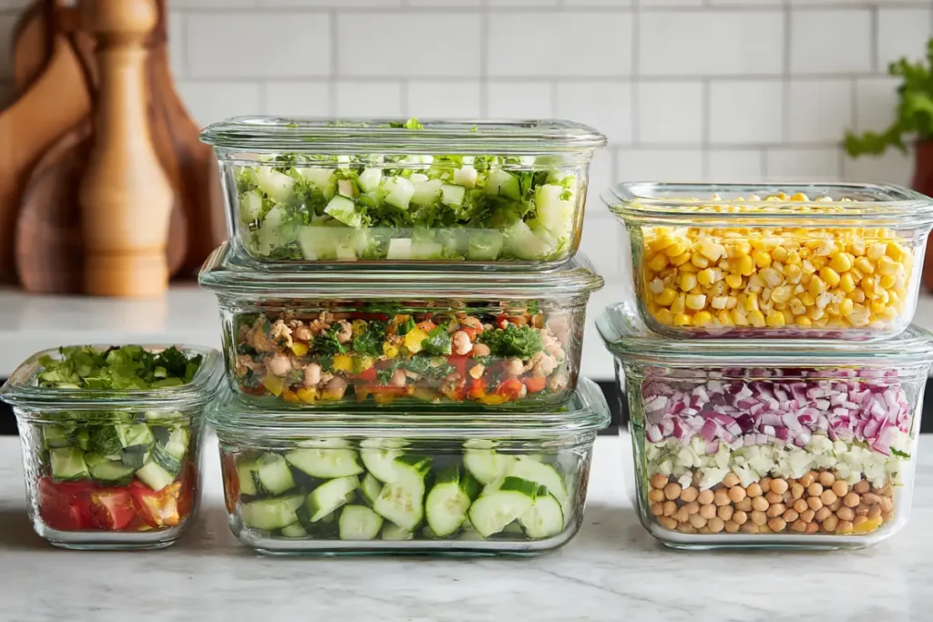 Fresh Mediterranean Salads: 5 Easy & Delicious Recipes 8 Meal prep containers filled with Mediterranean salads