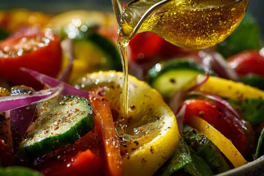 Fresh Mediterranean Salads: 5 Easy & Delicious Recipes 9 Olive oil and lemon dressing poured over Mediterranean salad