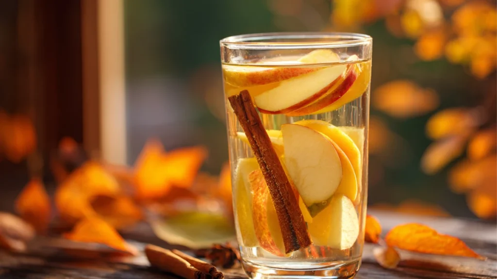 Apple cinnamon infused water on rustic table with fall leaves
