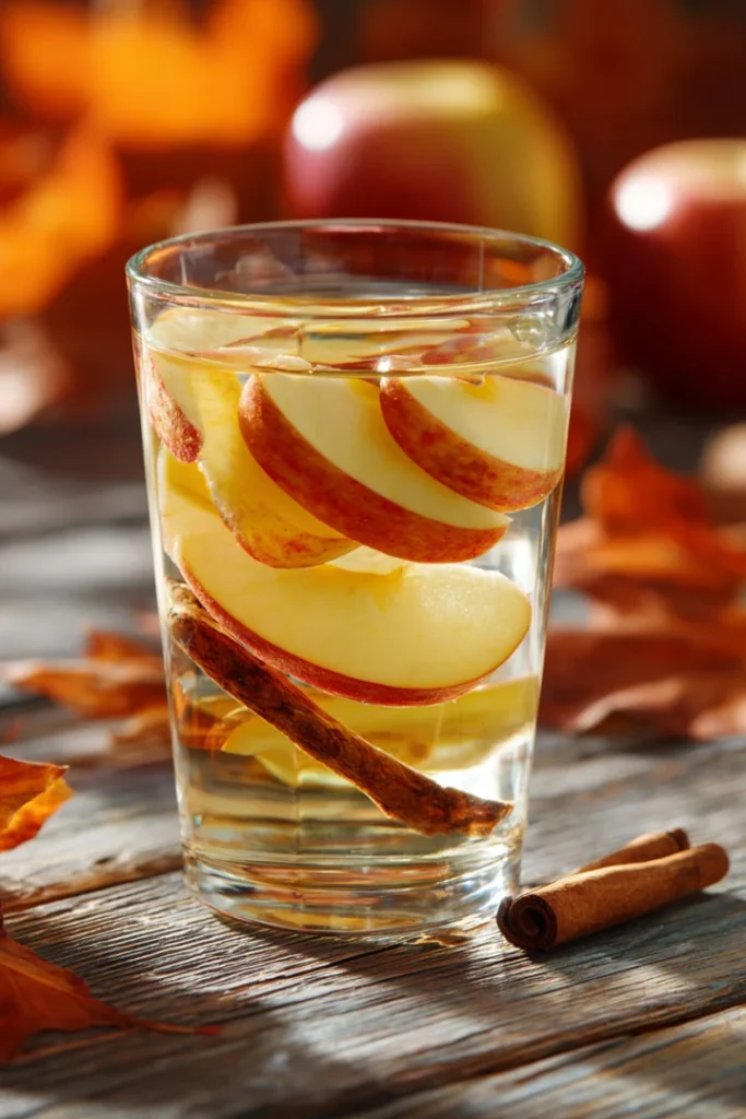 Try Apple Cinnamon Infused Water for a Healthy Fall Boost 11 Apple cinnamon infused water on rustic table with fall leaves