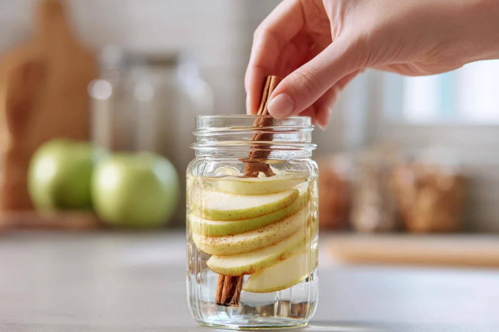 Try Apple Cinnamon Infused Water for a Healthy Fall Boost 13 Placing apple and cinnamon into a jar of filtered water