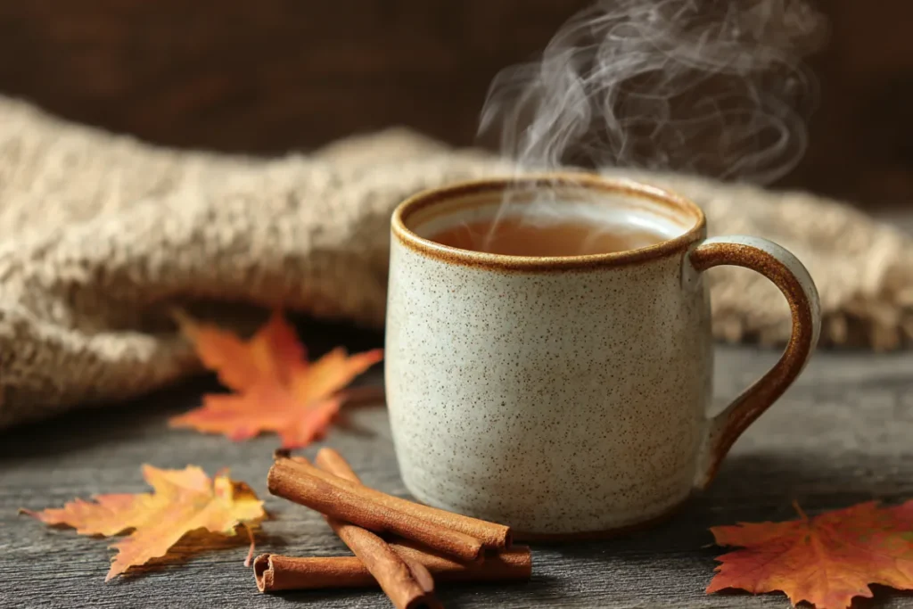 Try Apple Cinnamon Infused Water for a Healthy Fall Boost 16 Warm mug of apple cinnamon water with steam and fall decor