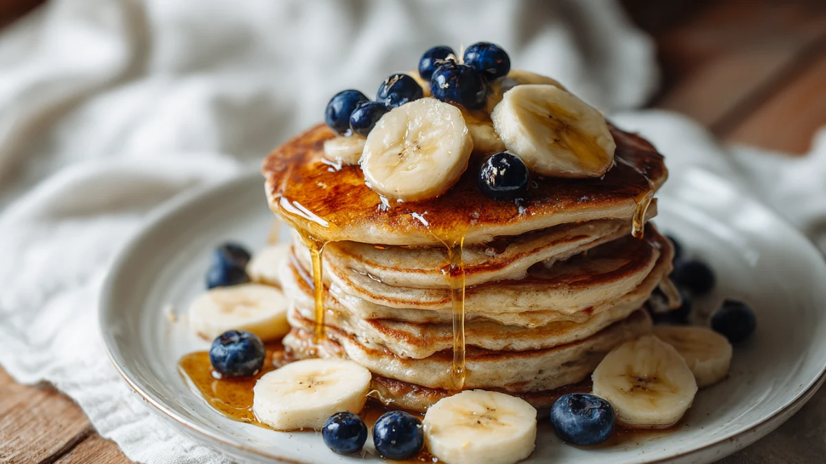 Banana cottage cheese pancakes with banana and syrup