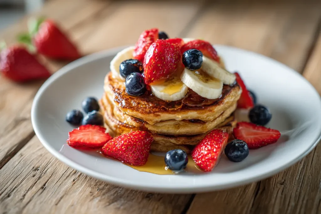 Banana Cottage Cheese Pancakes: A High-Protein, Healthy Breakfast Delight 23 Pancakes topped with berries and honey