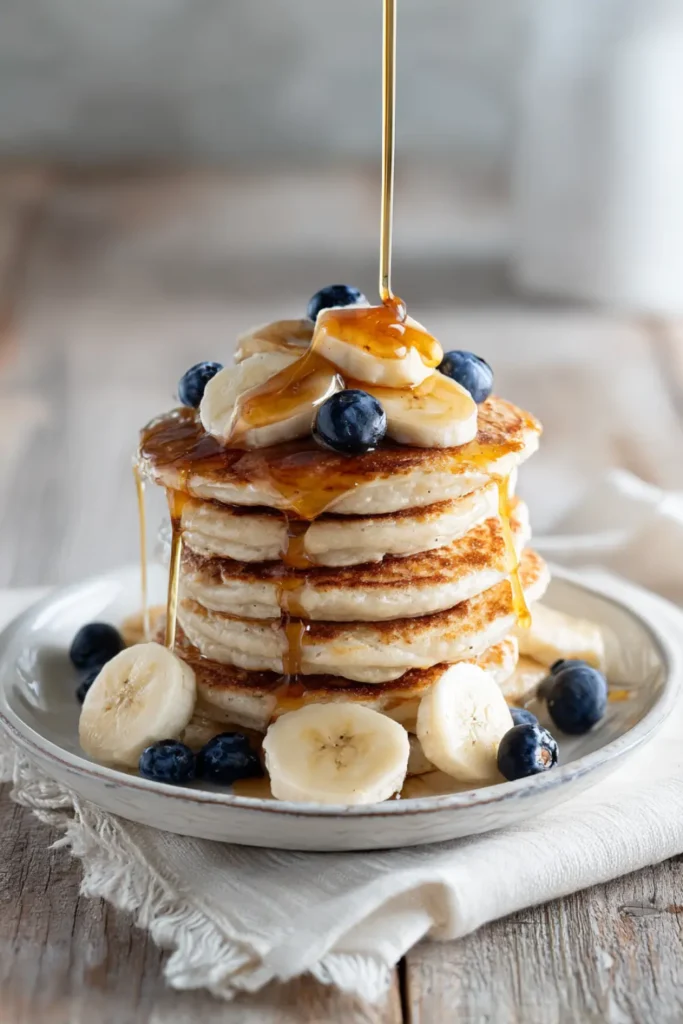 Banana Cottage Cheese Pancakes: A High-Protein, Healthy Breakfast Delight 26 Tall stack of banana cottage cheese pancakes with syrup and banana slices