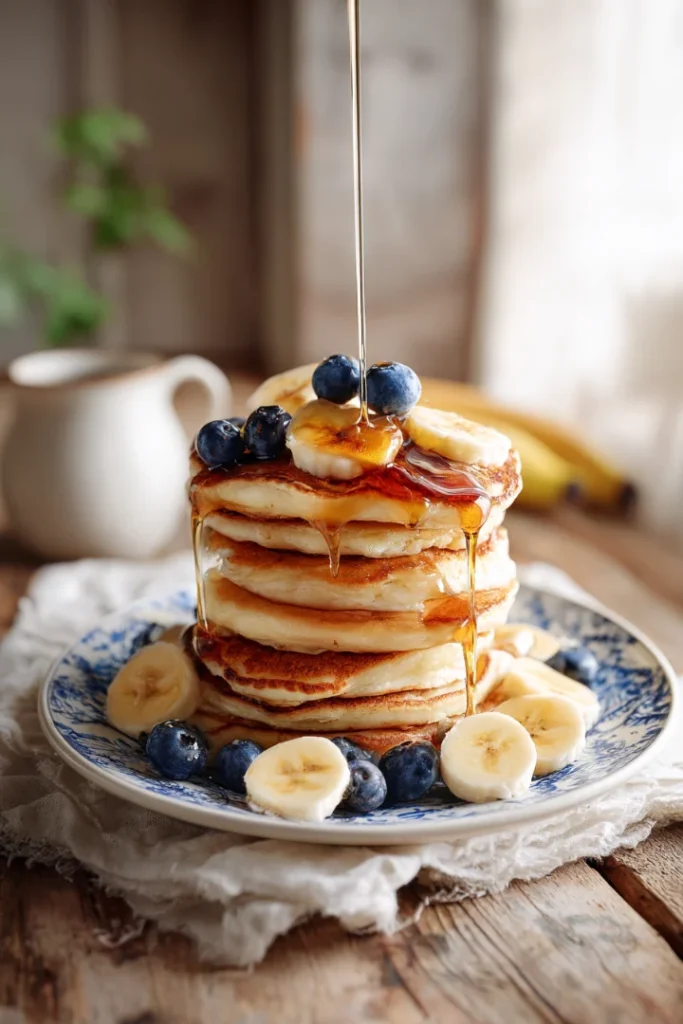 Banana Cottage Cheese Pancakes: A High-Protein, Healthy Breakfast Delight 15 Banana cottage cheese pancakes with banana and syrup
