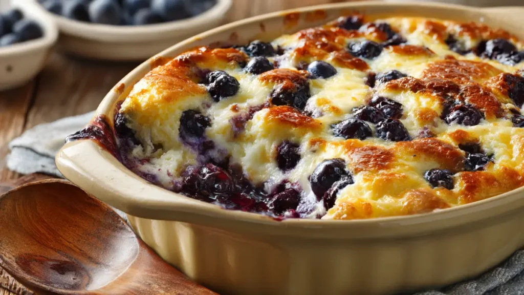 Freshly baked blueberry cottage cheese breakfast bake in rustic kitchen