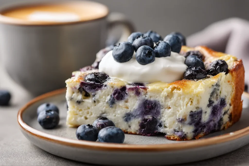 Blueberry Cottage Cheese Breakfast Bake : Easy, Protein-Rich Recipe You’ll Love 22 Served slice of blueberry cottage cheese bake with coffee