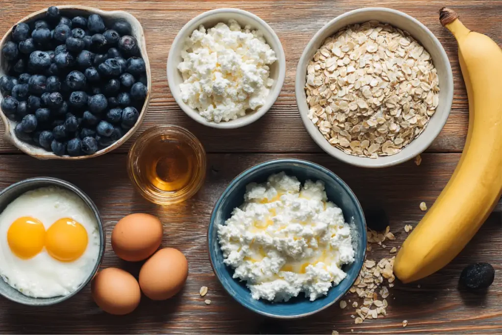 Blueberry Cottage Cheese Breakfast Bake : Easy, Protein-Rich Recipe You’ll Love 15 Ingredients for blueberry cottage cheese breakfast bake on a kitchen counter