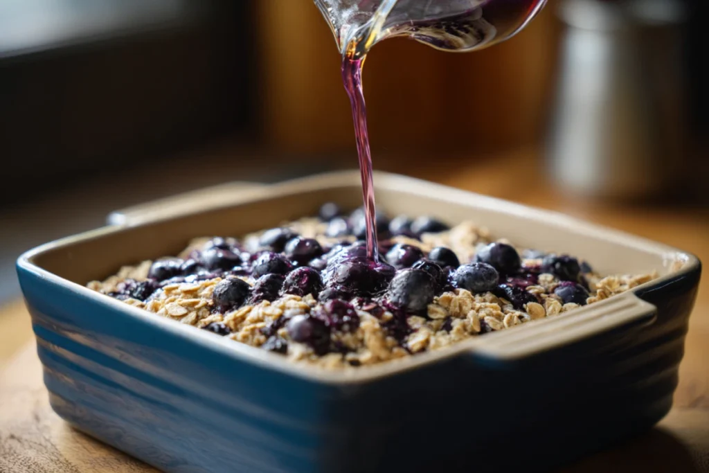 Blueberry Cottage Cheese Breakfast Bake : Easy, Protein-Rich Recipe You’ll Love 17 Pouring blueberry oat batter into baking dish