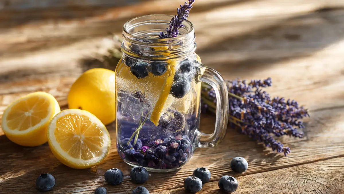 Mason jar of blueberry lavender infused water on sunlit table