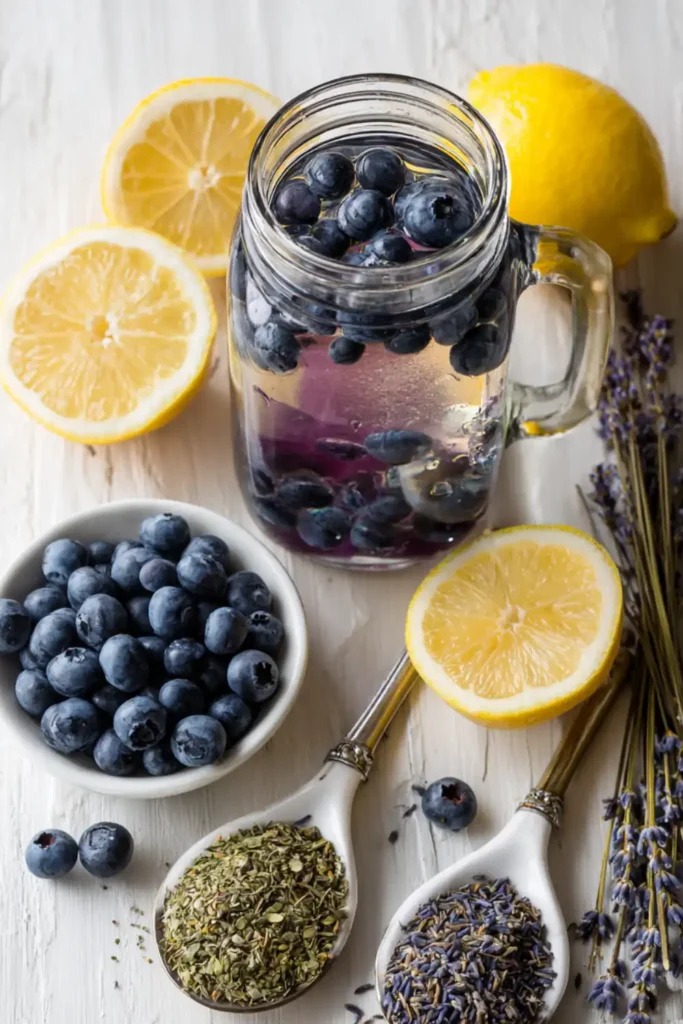 Blueberry Lavender Infused Water for Relaxation and Calm 18 Blueberry lavender infused water with journal and candle