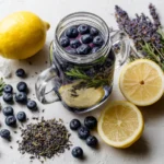Ingredients and finished infused water on rustic background