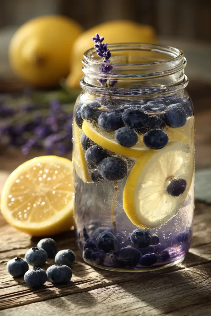 Blueberry Lavender Infused Water for Relaxation and Calm 11 Mason jar of blueberry lavender infused water