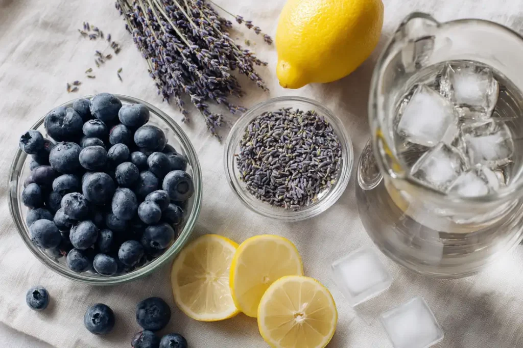 Blueberry Lavender Infused Water for Relaxation and Calm 12 Flat lay of ingredients for blueberry lavender water