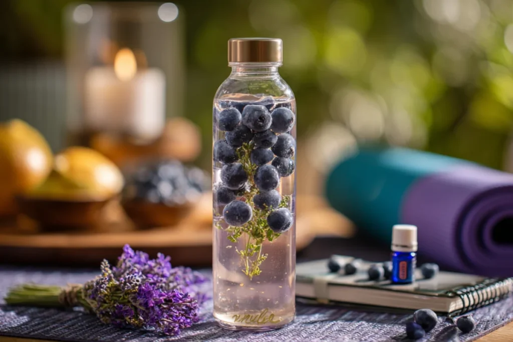 Blueberry Lavender Infused Water for Relaxation and Calm 16 Blueberry lavender water with wellness props