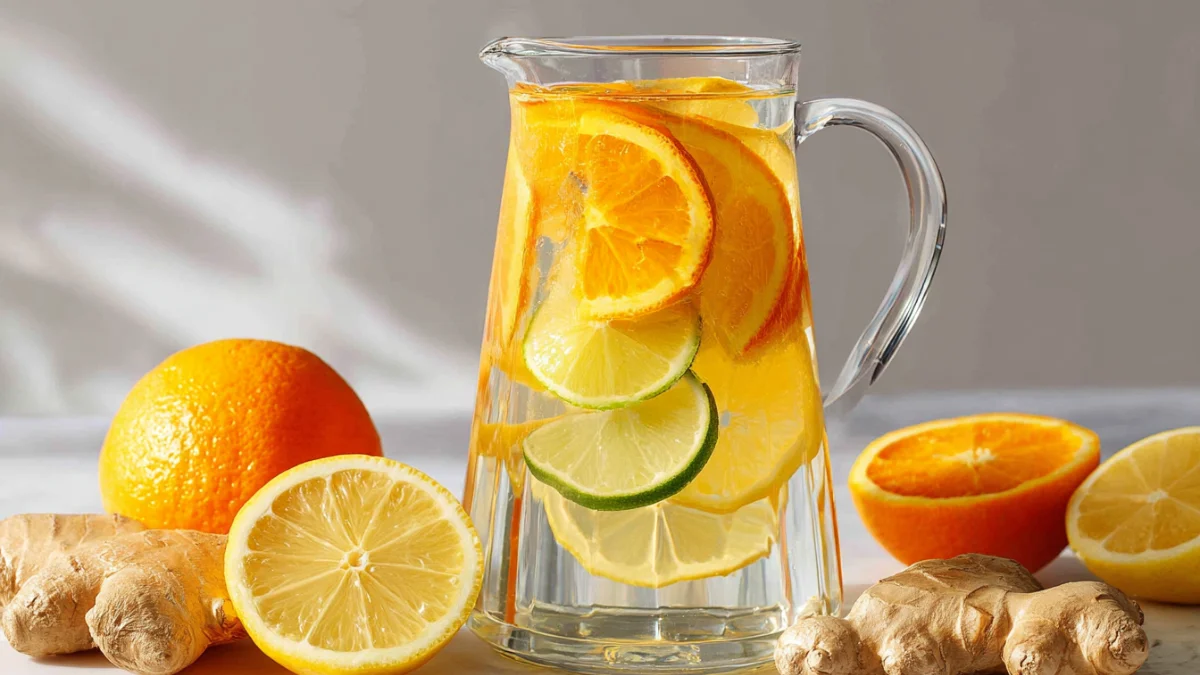 Glass pitcher of orange ginger infused water