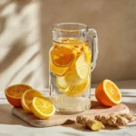 Tasty-style flat lay of citrus ginger infused water ingredients and recipe card