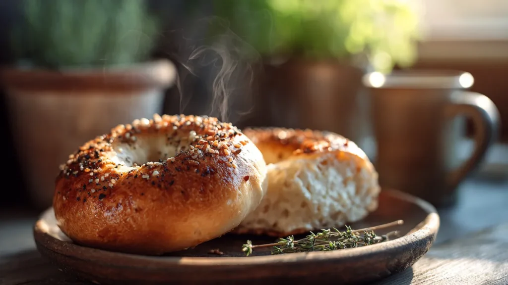 Freshly baked cottage cheese bagel on rustic plate
