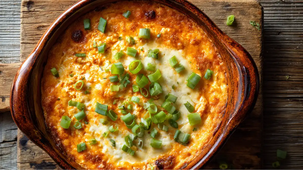 Cottage Cheese Buffalo Chicken Dip hot and bubbly in ceramic dish