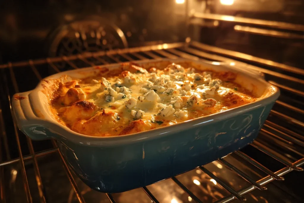 Why Cottage Cheese Buffalo Chicken Dip Is a Must-Try 22 Buffalo dip baking in oven until bubbly and golden