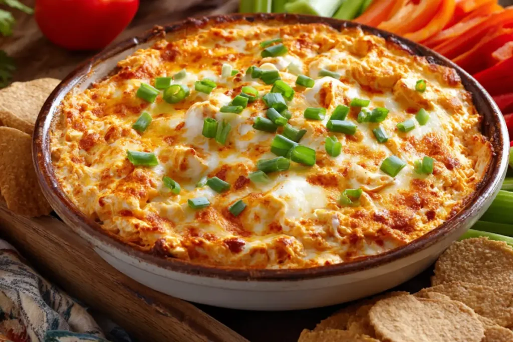 Why Cottage Cheese Buffalo Chicken Dip Is a Must-Try 23 Buffalo chicken dip garnished with green onions and served with veggies and chips