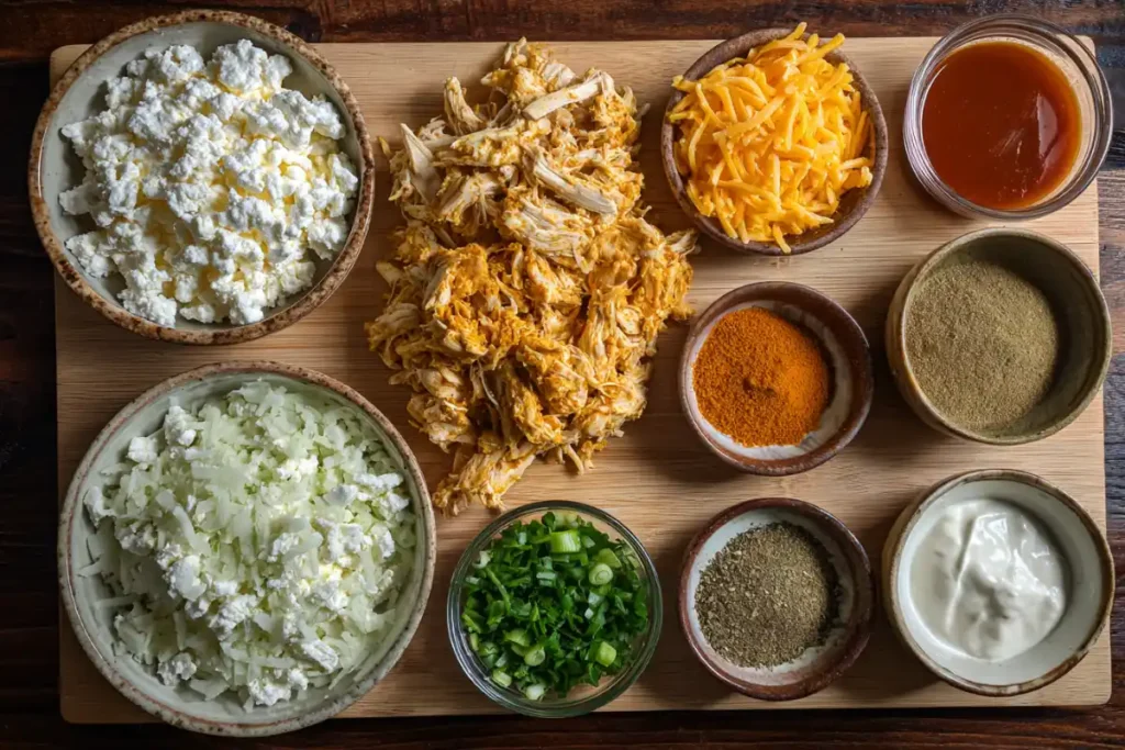 Why Cottage Cheese Buffalo Chicken Dip Is a Must-Try 19 Buffalo dip ingredients laid out including cottage cheese