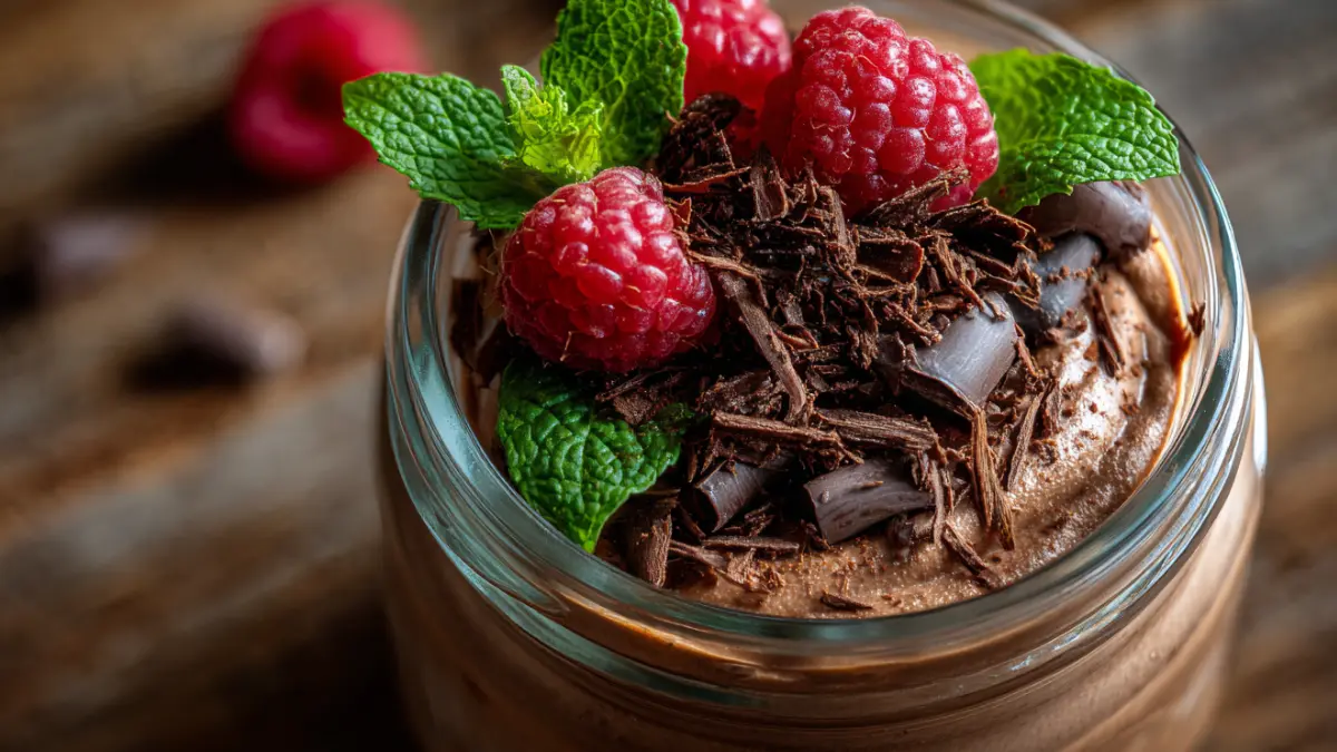 Cottage cheese chocolate mousse in a glass jar topped with raspberries