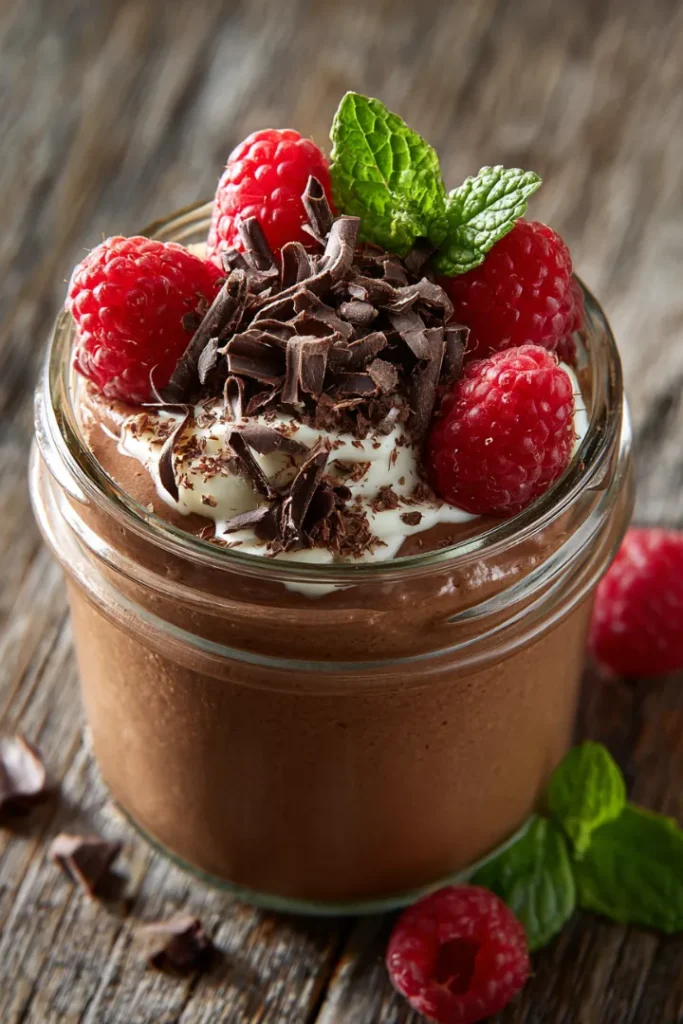 The Best Cottage Cheese Chocolate Mousse in 10 Minutes 17 Cottage cheese chocolate mousse in a glass jar topped with raspberries