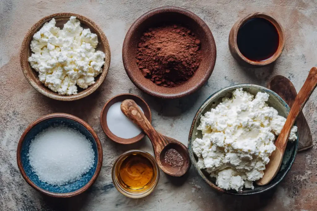The Best Cottage Cheese Chocolate Mousse in 10 Minutes 20 Cottage cheese mousse ingredients arranged on a kitchen counter