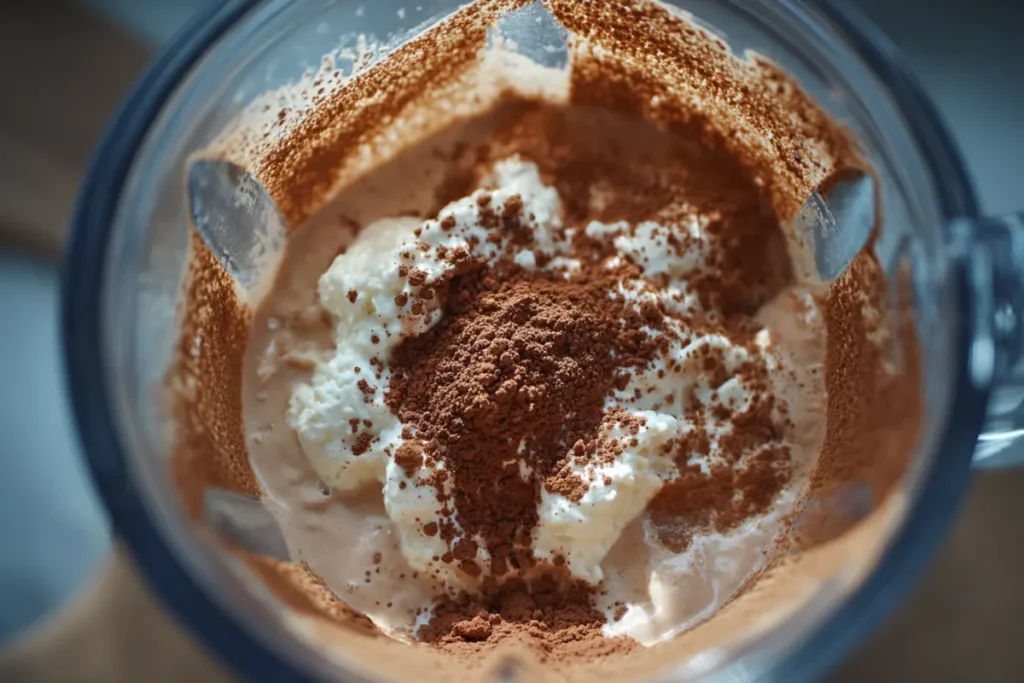 The Best Cottage Cheese Chocolate Mousse in 10 Minutes 21 Cottage cheese and cocoa blending into mousse in a high-speed blender