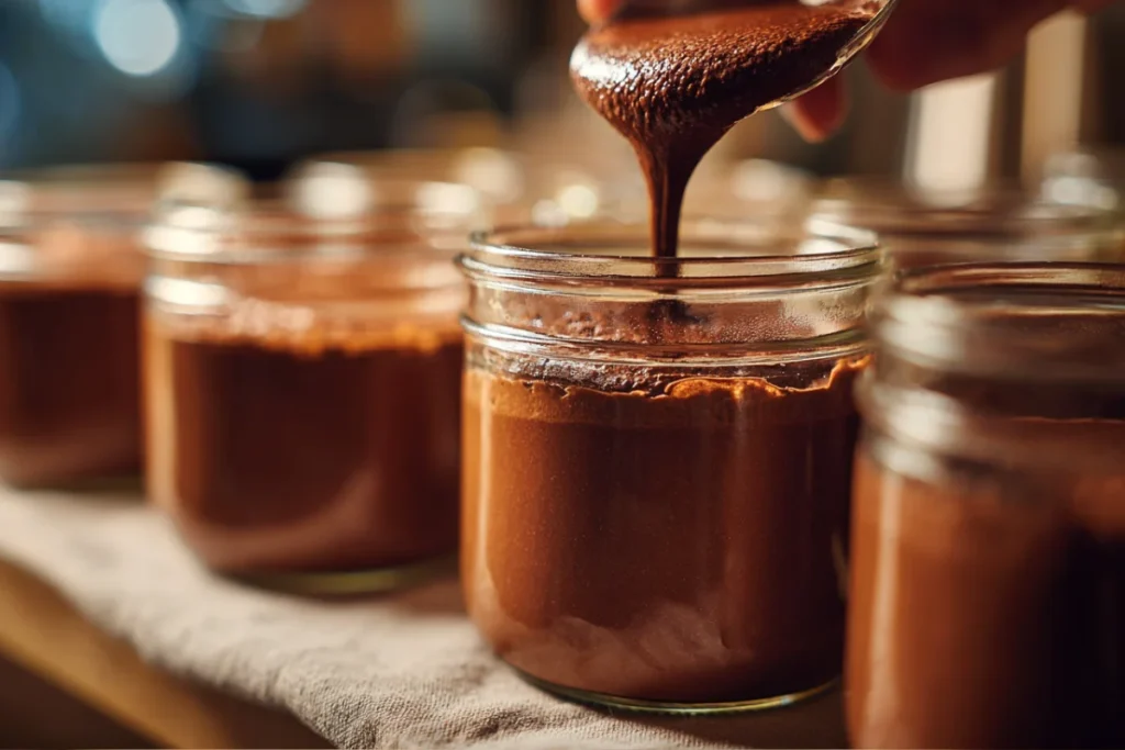 The Best Cottage Cheese Chocolate Mousse in 10 Minutes 23 Glass jars of mousse being placed into fridge to chill