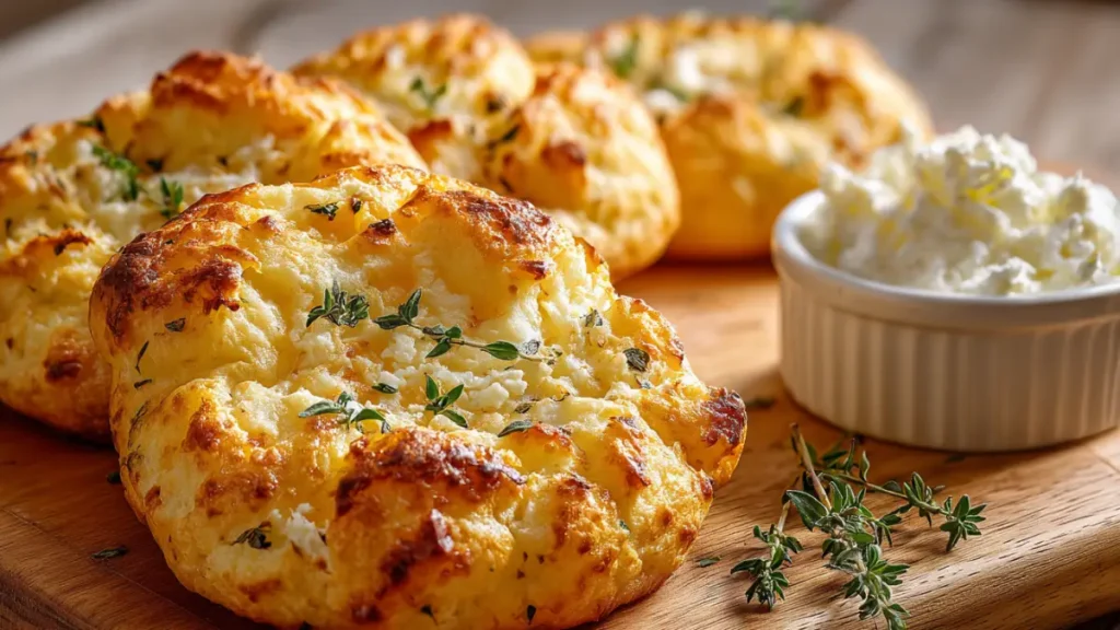 Fluffy golden cottage cheese cloud bread on a cutting board