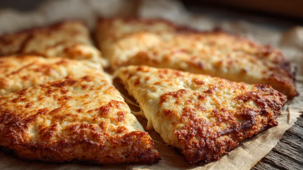 Golden baked cottage cheese pizza crust on parchment