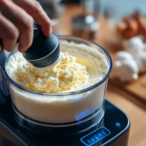 Cottage cheese and eggs blending in food processor