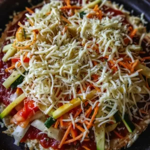 Cottage cheese crust being topped with veggies and sauce