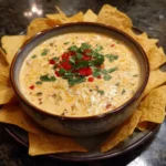 Tasty card for creamy cottage cheese queso dip with ingredients and instructions
