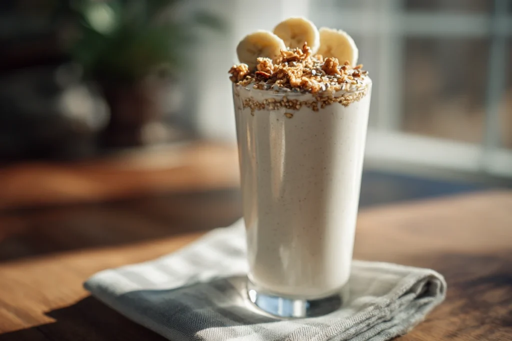 Start Your Day with a Cottage Cheese Smoothie Boost 20 Freshly poured cottage cheese smoothie with toppings