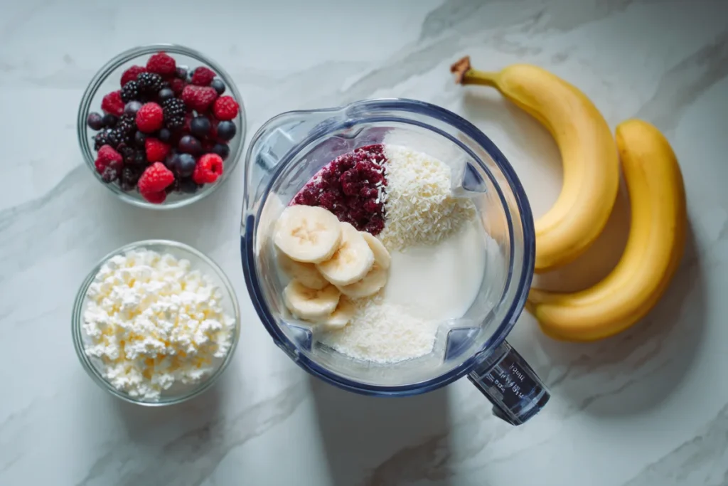 Start Your Day with a Cottage Cheese Smoothie Boost 17 Layering ingredients in a blender for cottage cheese smoothie