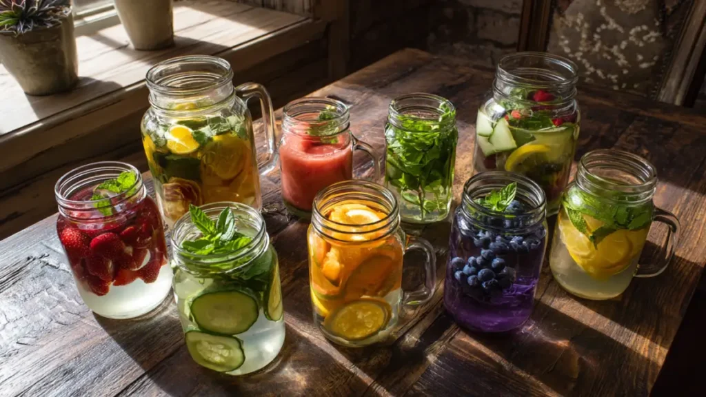 Seven infused water recipes with fruits and herbs on wooden table
