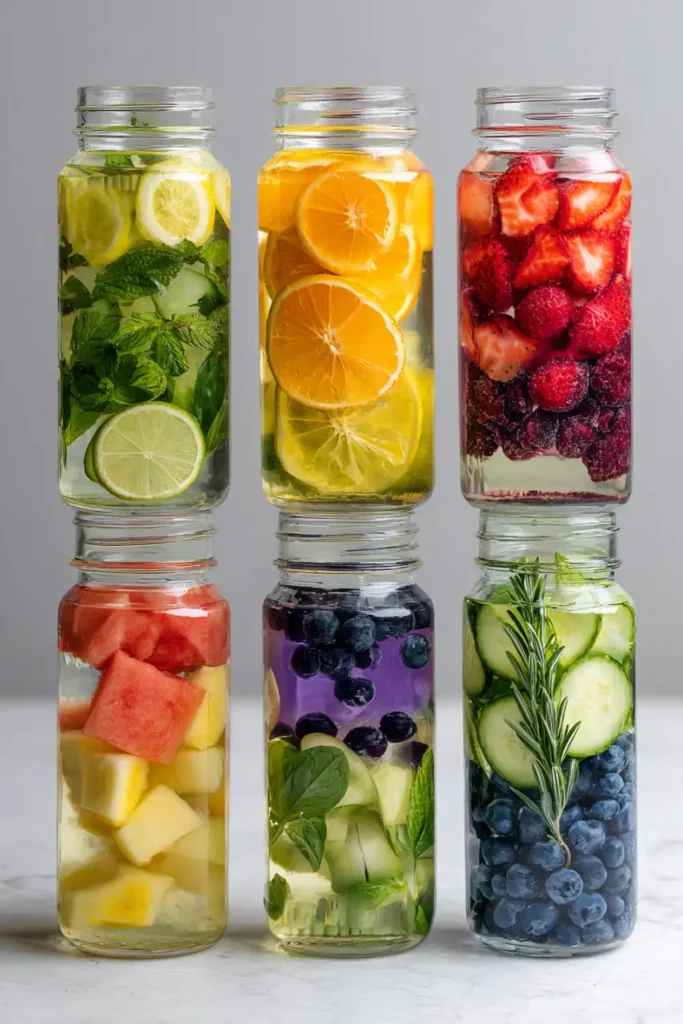 7 Easy Infused Water Recipes to Boost Energy & Glow 11 Collage of 7 colorful infused water recipes with fruit and herb labels